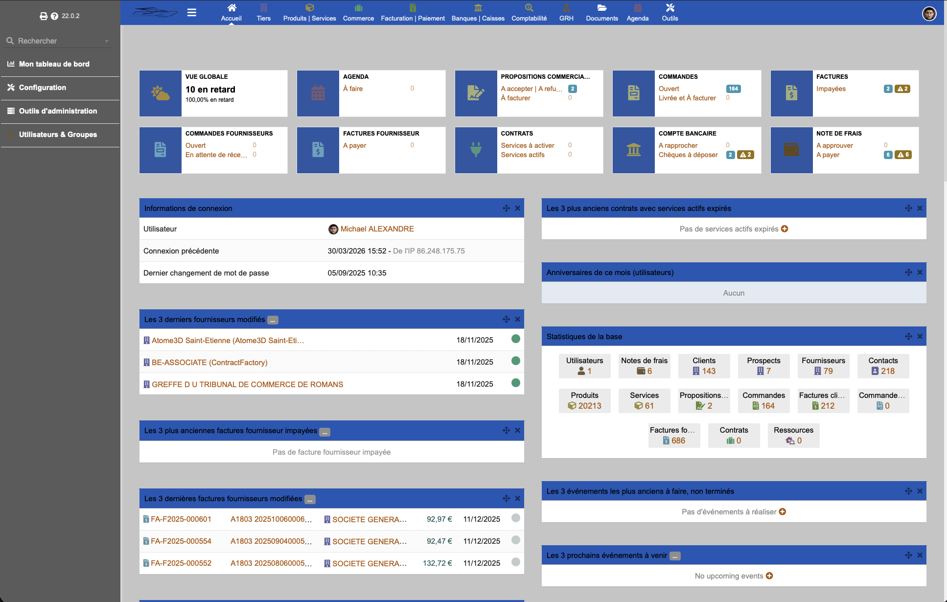 Tableau de bord Dolibarr ERP avec statistiques et factures