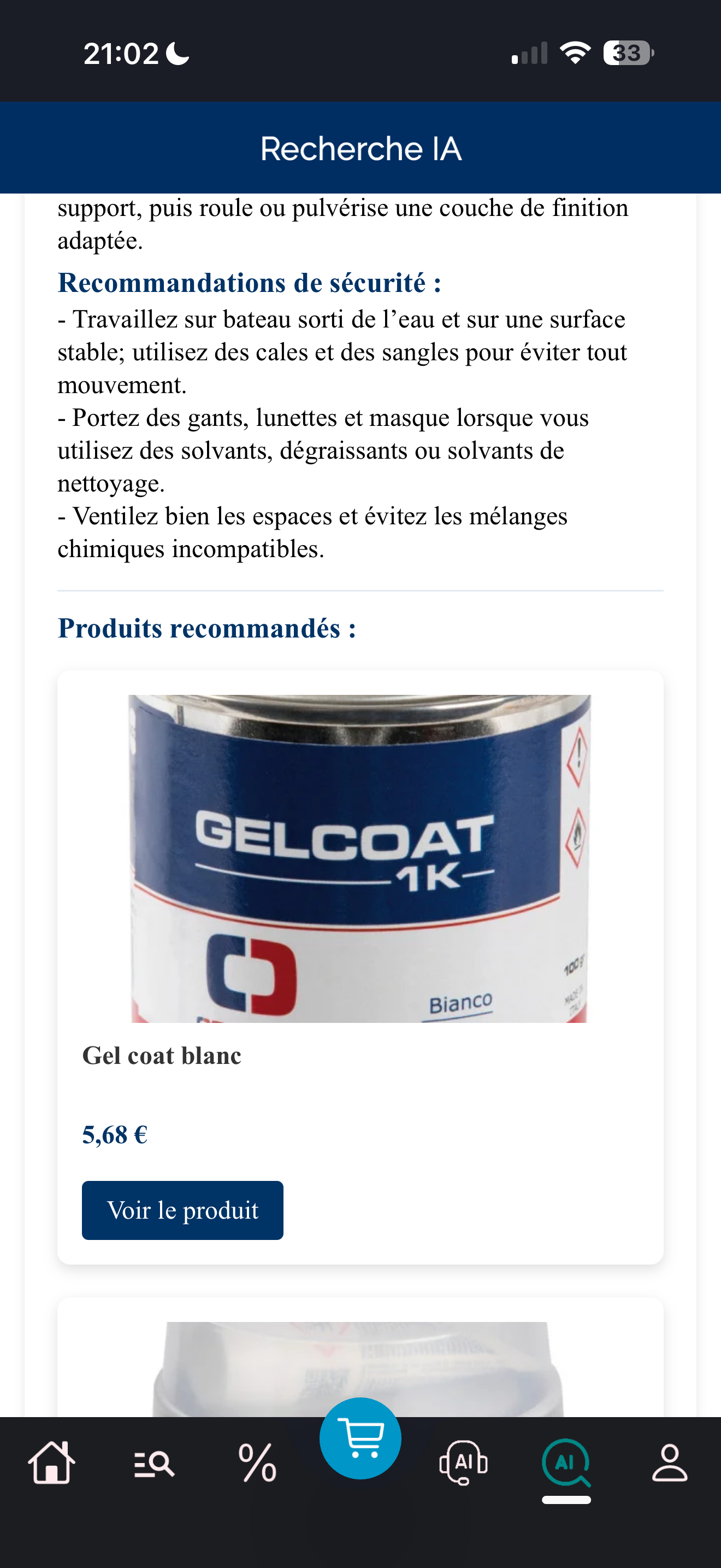 Résultats IA avec conseils et produits recommandés