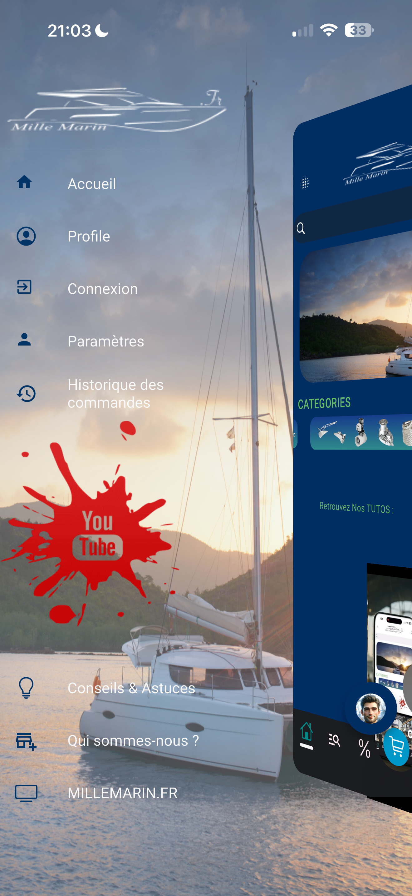 Menu latéral de l'application Mille-Marin
