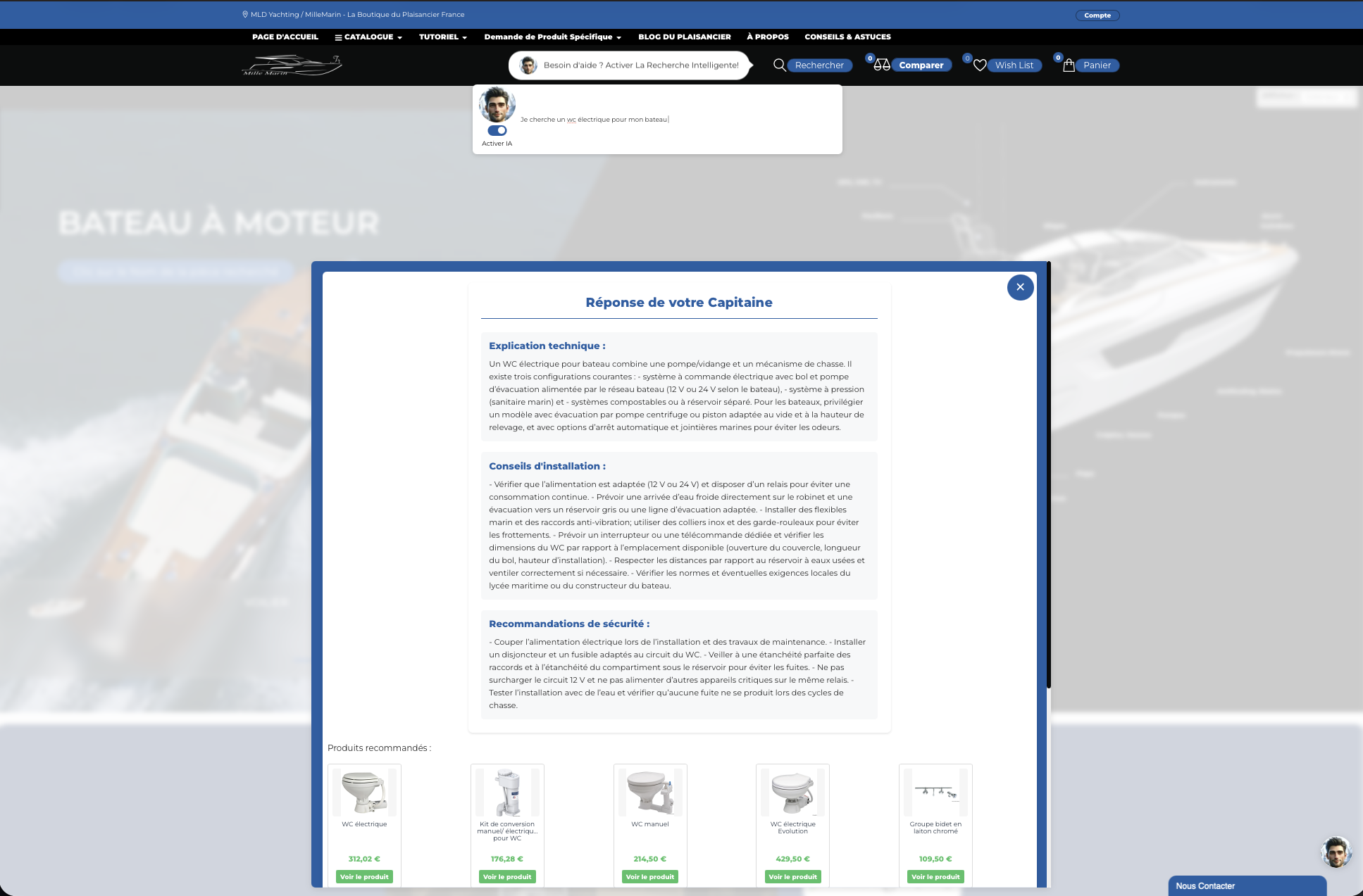 Barre de recherche IA avec réponse contextuelle et recommandations produits